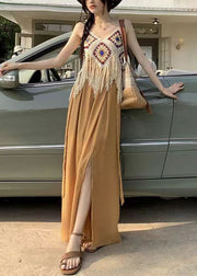 Bohemian Apricot Hollow Out Tasseled Strap Tank Summer