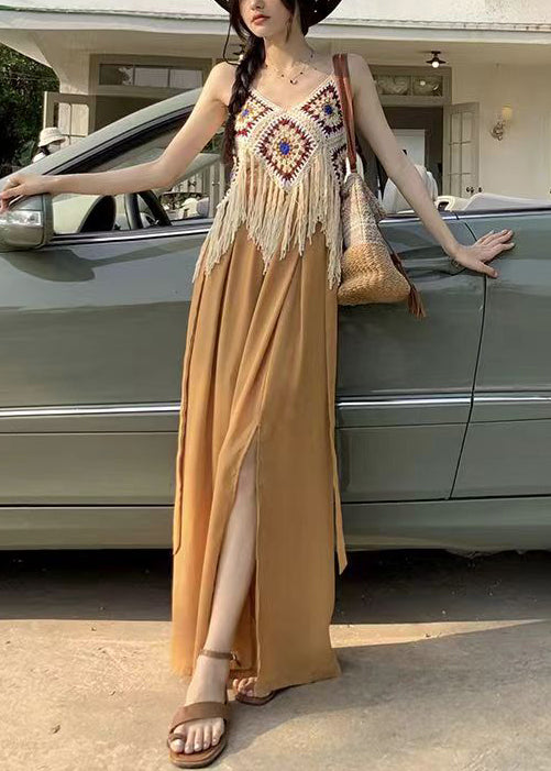 Bohemian Apricot Hollow Out Tasseled Strap Tank Summer