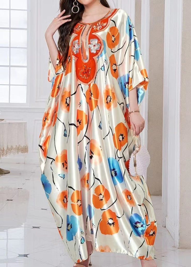 Bohemian Apricot Oversized Print Silk Holiday Dress Summer