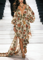 Bohemian Apricot Print Exra Large Hem Chiffon Beach Dress Spring