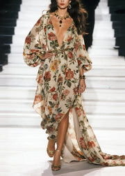 Bohemian Apricot Print Exra Large Hem Chiffon Beach Dress Spring