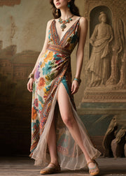 Bohemian Apricot Print Side Open Chiffon Sundress Summer