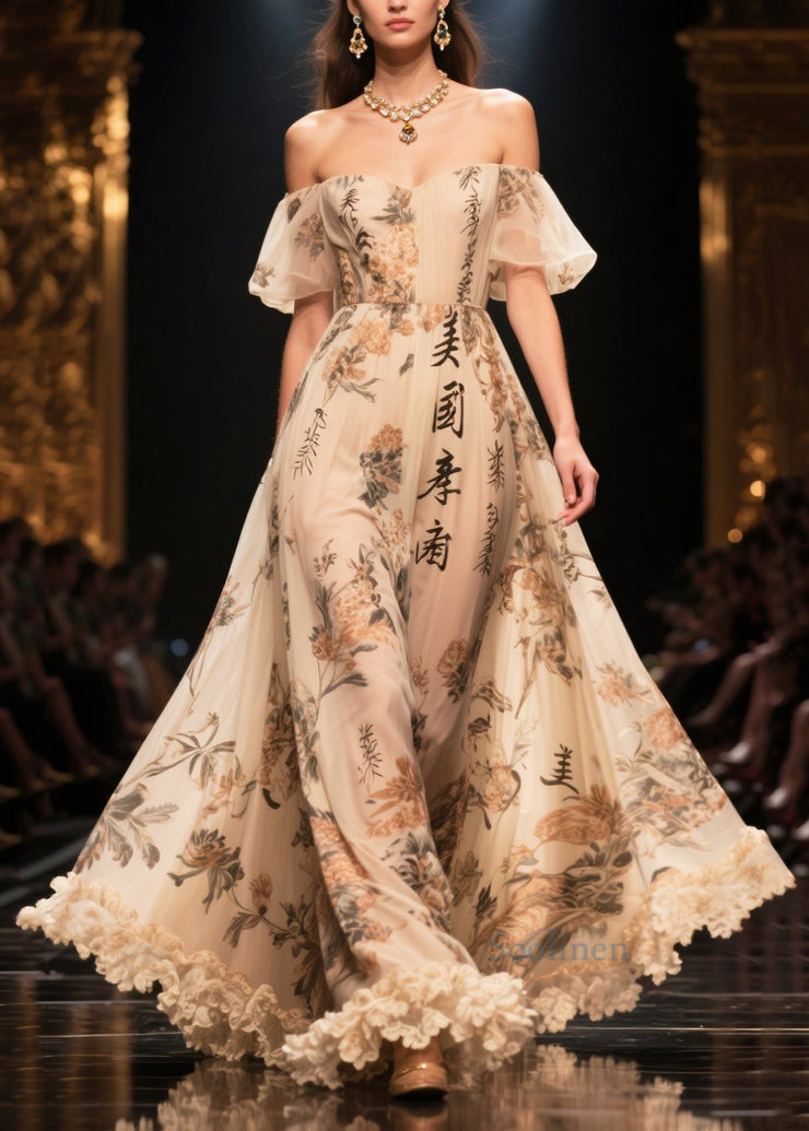 Bohemian Apricot Ruffled Print Exra Large Hem Chiffon Dress Summer