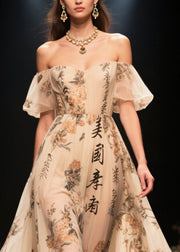 Bohemian Apricot Ruffled Print Exra Large Hem Chiffon Dress Summer