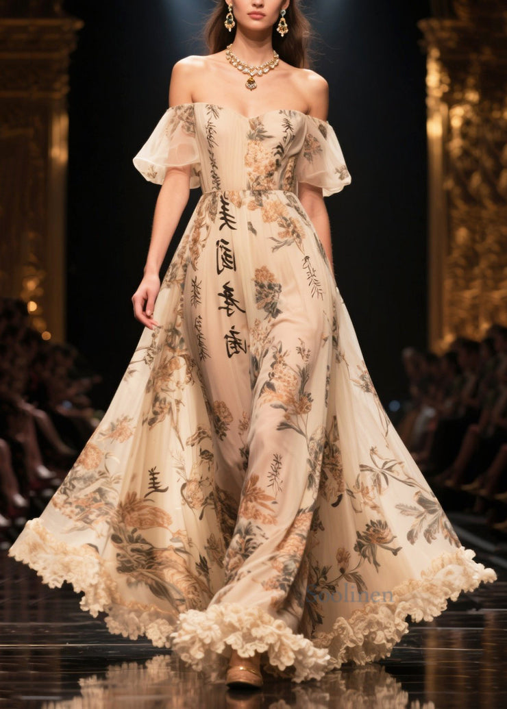 Bohemian Apricot Ruffled Print Exra Large Hem Chiffon Dress Summer