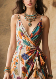 Bohemian Apricot Tasseled Print Side Open Chiffon Holiday Dresses Summer