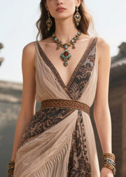 Bohemian Apricot V Neck Print Chiffon Cami Dress Summer
