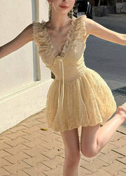 Bohemian Apricot V Neck Ruffled High Waist Tulle Mini Dress Sleeveless