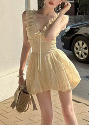 Bohemian Apricot V Neck Ruffled High Waist Tulle Mini Dress Sleeveless