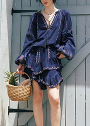 Bohemian Beige Embroidered Ruffled Cotton Two Pieces Set Summer