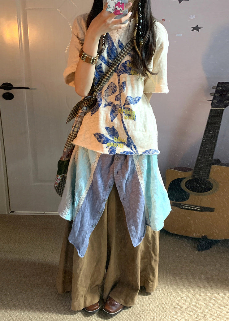 Bohemian Beige Oversized Print Linen Tops Summer