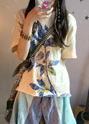 Bohemian Beige Oversized Print Linen Tops Summer