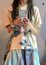 Bohemian Beige Oversized Print Linen Tops Summer