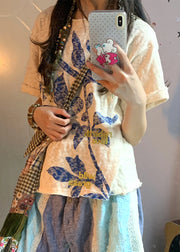 Bohemian Beige Oversized Print Linen Tops Summer