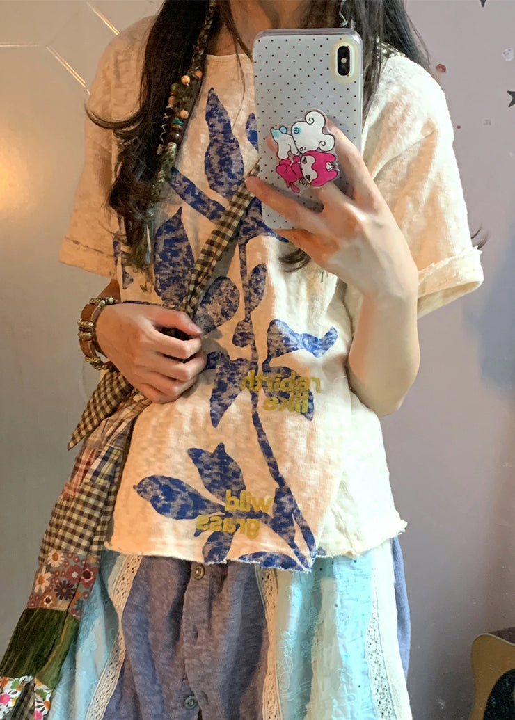 Bohemian Beige Oversized Print Linen Tops Summer