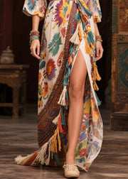 Bohemian Beige Tasseled Print Chiffon Maxi Dresses Lantern Sleeve