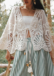 Bohemian Beige V Neck Tie Lace Holiday Tops Batwing Sleeve