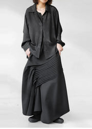 Bohemian Black Asymmetrical Wrinkled Cotton Skirt Fall