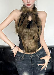 Bohemian Black Hollow Out Fluffy Patchwork Tanks Sleeveless