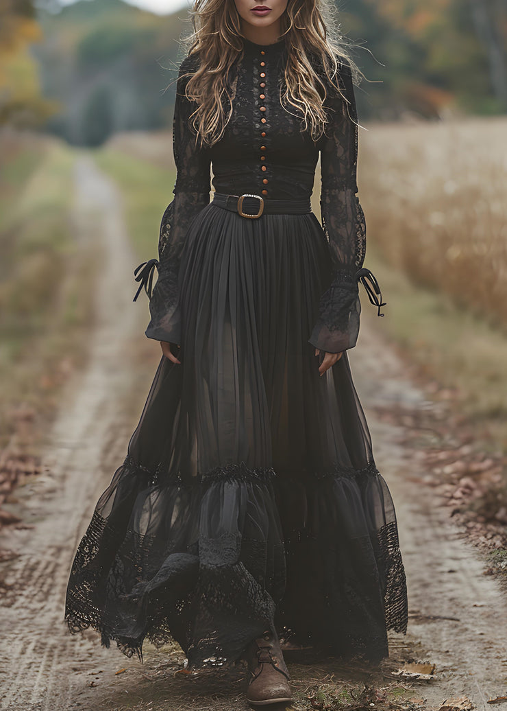Bohemian Black Lace Patchwork Wrinkled Cotton Maxi Dresses Spring