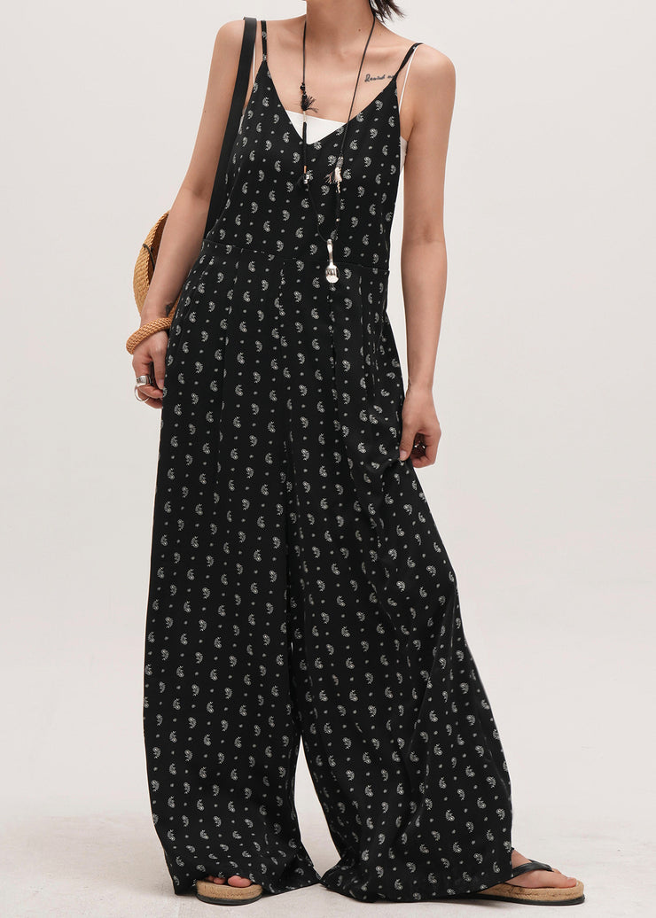 Bohemian Black Oversized Print Cotton Overalls Jumpsuit Summer