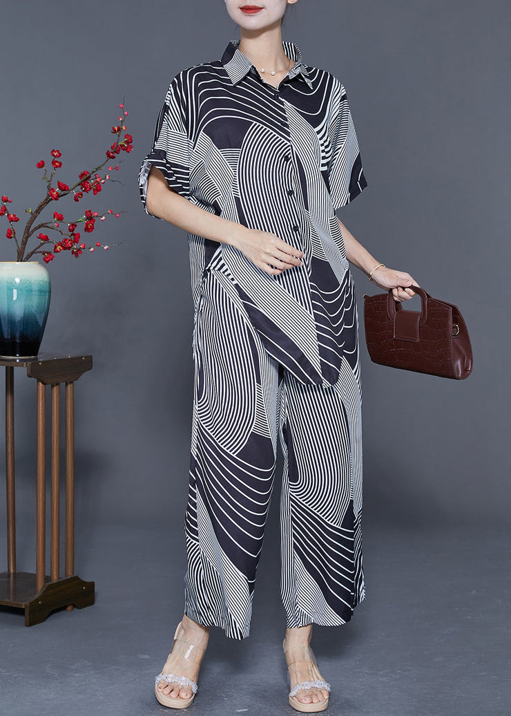 Bohemian Black Oversized Striped Side Open Chiffon Two Pieces Set Summer