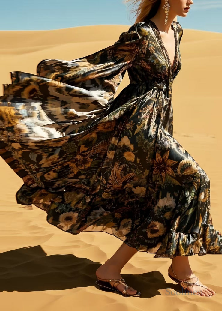 Bohemian Black Print Exra Large Hem Silk Holiday Dresses Spring