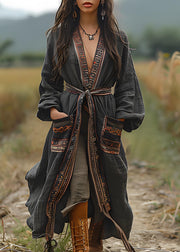 Bohemian Black Print Pockets Cotton Loose Cardigans Spring