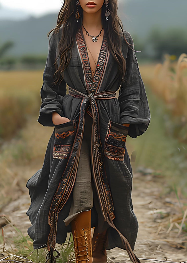 Bohemian Black Print Pockets Cotton Loose Cardigans Spring