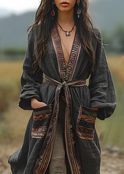Bohemian Black Print Pockets Cotton Loose Cardigans Spring