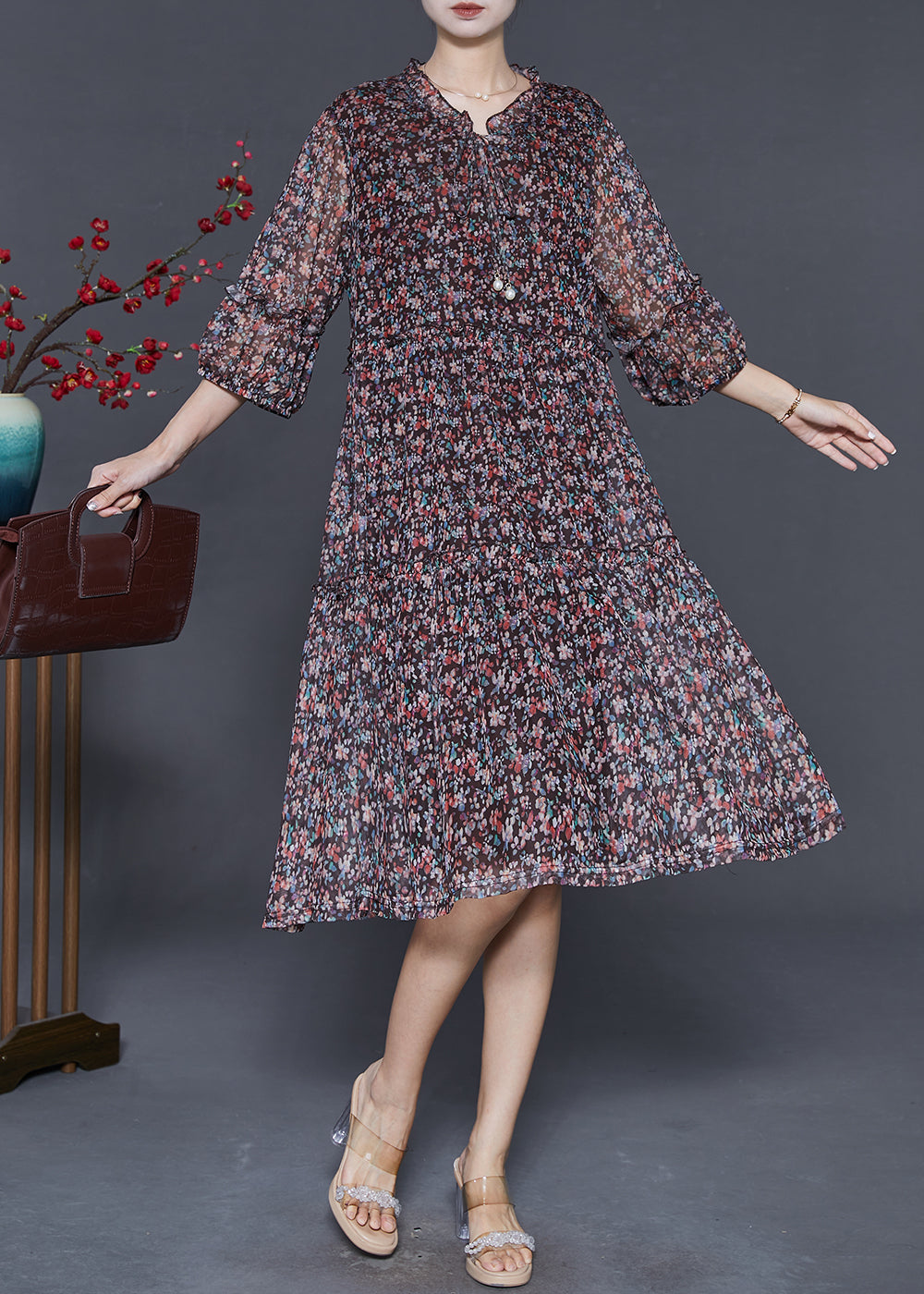 Bohemian Black Ruffled Print Chiffon Robe Dresses Summer – SooLinen