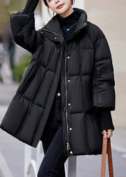 Bohemian Black Stand Collar Drawstring Duck Down Puffer Jacket Winter