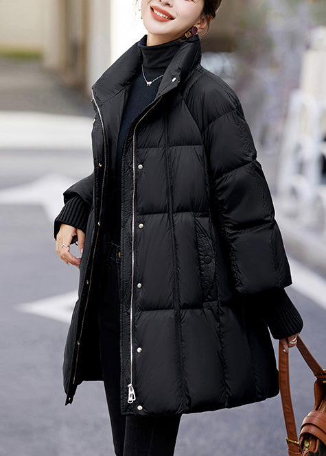 Bohemian Black Stand Collar Drawstring Duck Down Puffer Jacket Winter