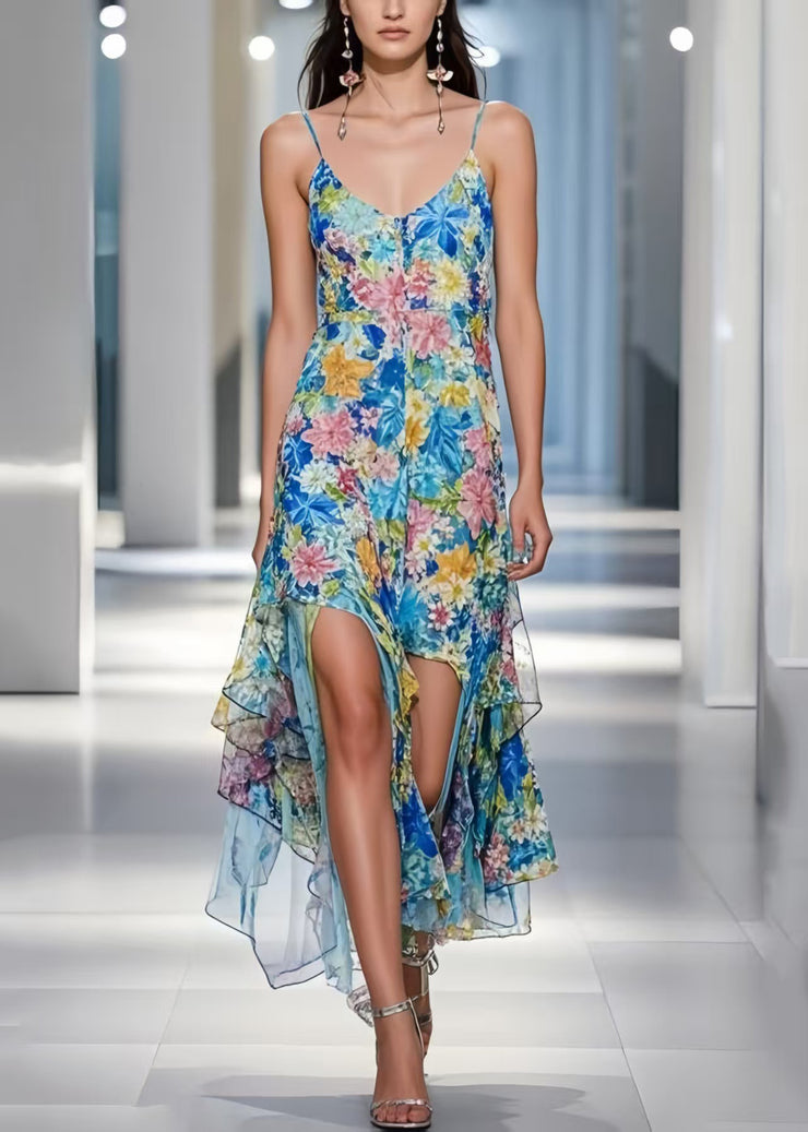 Bohemian Blue Asymmetrical Floral Print Cami Dress Summer