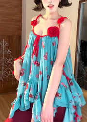 Bohemian Blue Asymmetrical Floral Spaghetti Strap Tops Summer