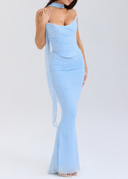 Bohemian Blue Backless Wraped Tulle Strapless Dress