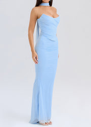 Bohemian Blue Backless Wraped Tulle Strapless Dress