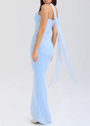 Bohemian Blue Backless Wraped Tulle Strapless Dress