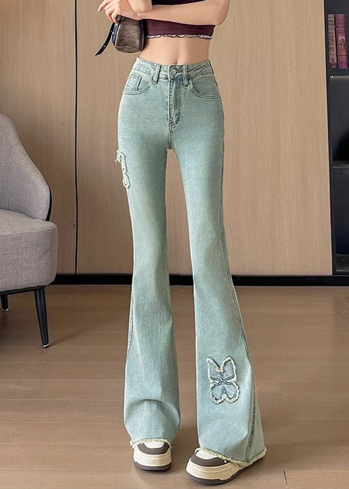 Bohemian Blue Butterfly Decorated  Denim Flare Bottoms Fall