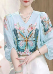 Bohemian Blue O-Neck Butterfly Print Chiffon Shirts Fall