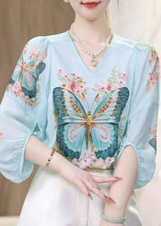 Bohemian Blue O-Neck Butterfly Print Chiffon Shirts Fall