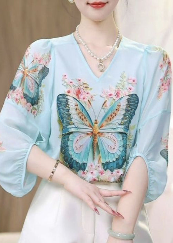 Bohemian Blue O-Neck Butterfly Print Chiffon Shirts Fall