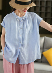 Bohemian Blue Oversized Linen Blouse Tops Summer