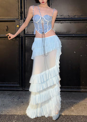 Bohemian Blue Plaid Tank And Ruffled White Skirts Cotton Two Pieces Set Sleeveless