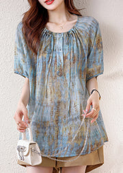 Bohemian Blue Print Drawstring Cotton Tops Summer