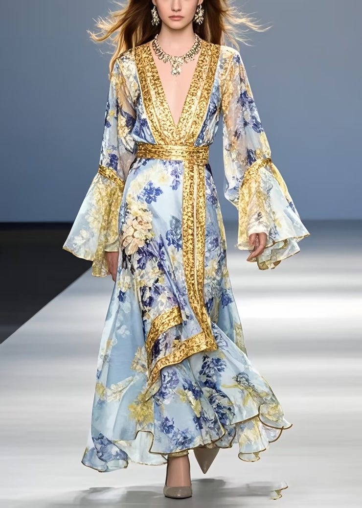 Bohemian Blue Print Patchwork Chiffon Holiday Dress Flare Sleeve