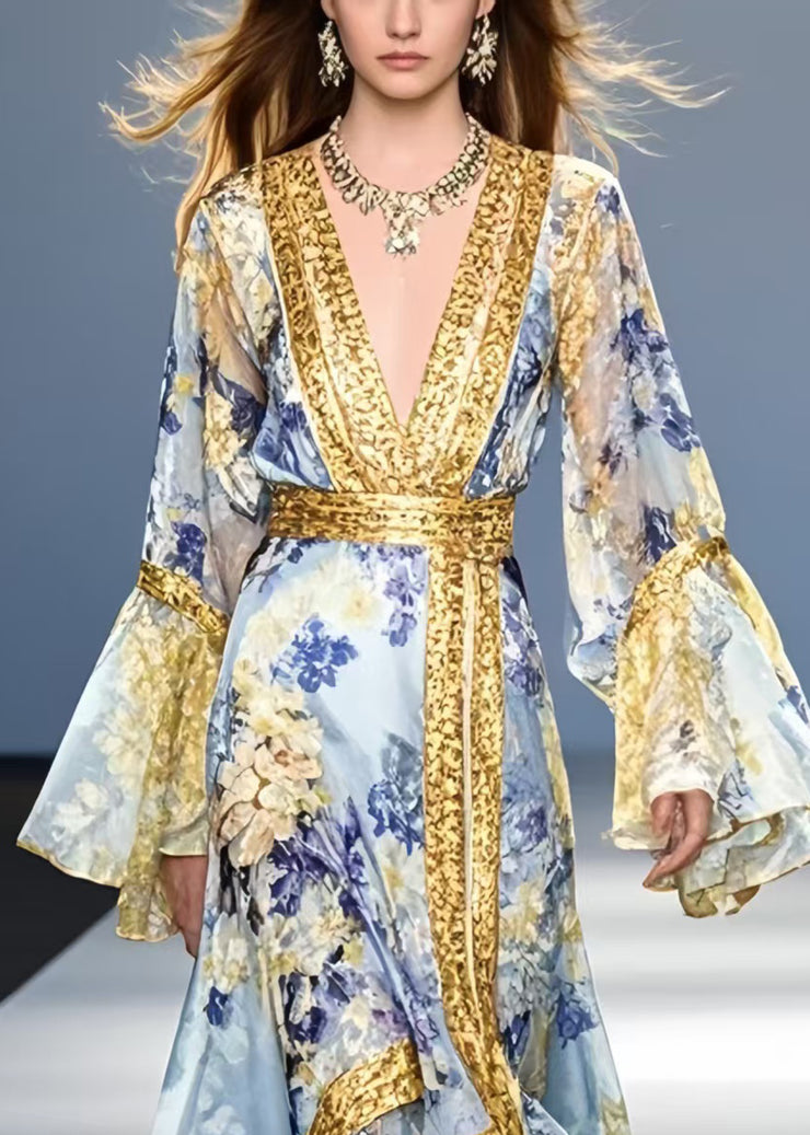 Bohemian Blue Print Patchwork Chiffon Holiday Dress Flare Sleeve