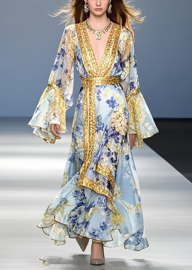 Bohemian Blue Print Patchwork Chiffon Holiday Dress Flare Sleeve