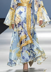 Bohemian Blue Print Patchwork Chiffon Holiday Dress Flare Sleeve