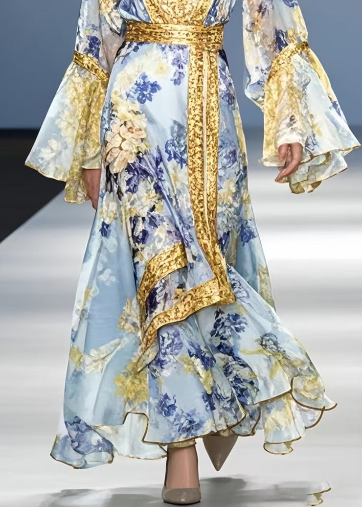 Bohemian Blue Print Patchwork Chiffon Holiday Dress Flare Sleeve